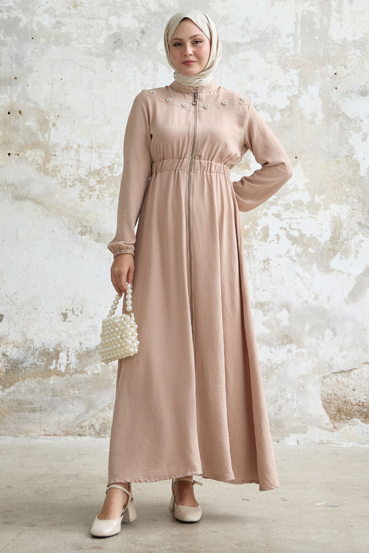 MDS Women Flower Pearl Embroidered Elastic Beige Ferace - Vila Real