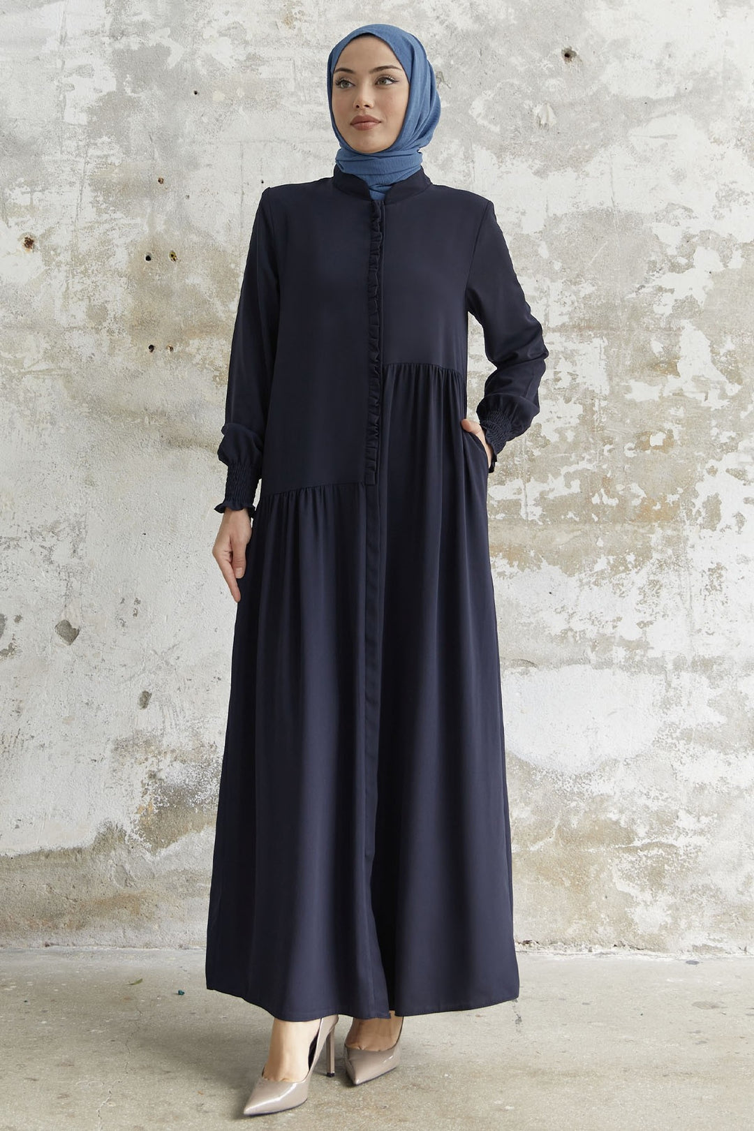 MDS Women Frilled Flared Asymmetric Cut Abaya - Navy Blue - Stolberg
