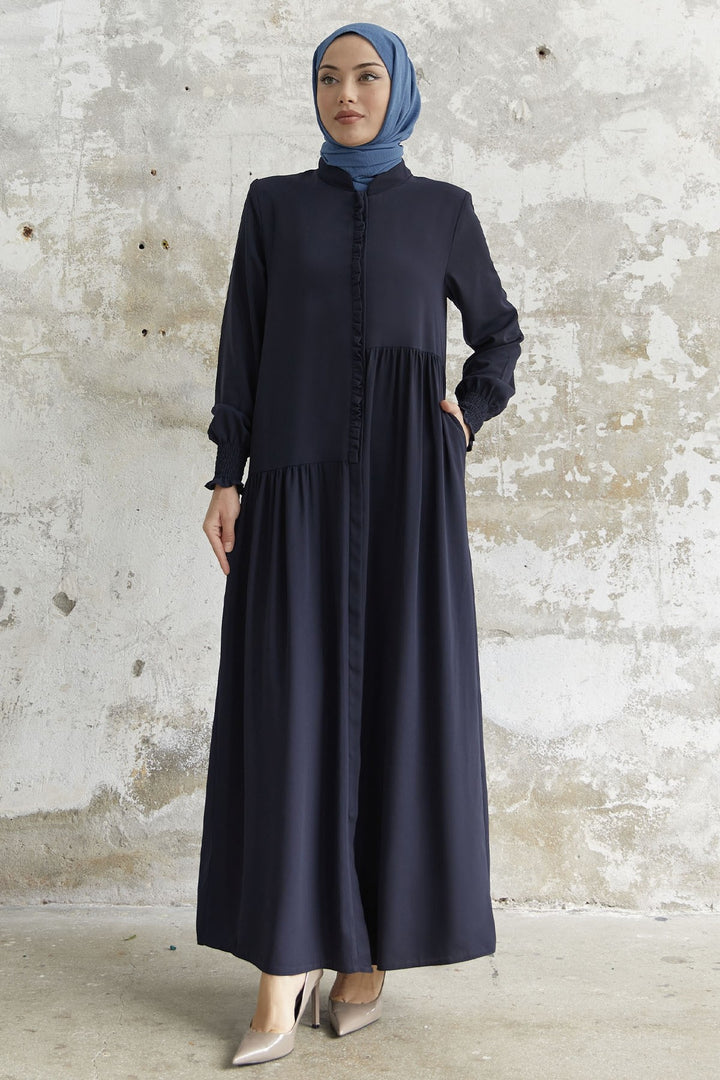 MDS Women Frilled Flared Asymmetric Cut Abaya - Navy Blue - Stolberg