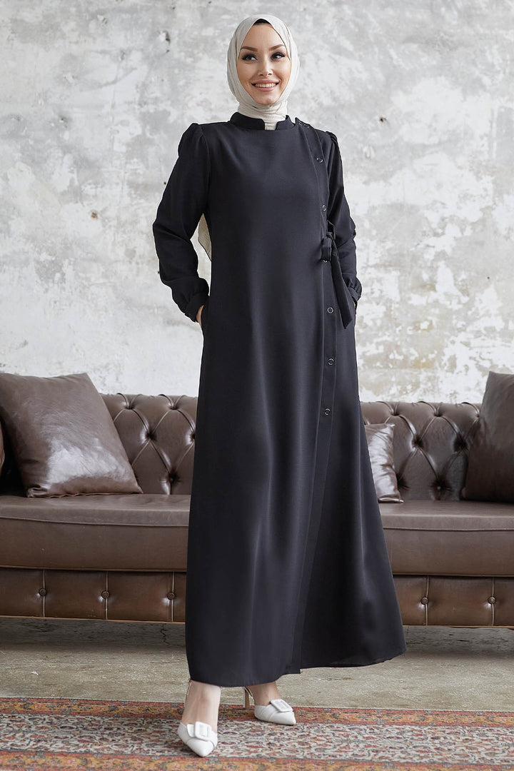 MDS Women Davies Side Buttoned Belted Abaya - Black - Albufeira