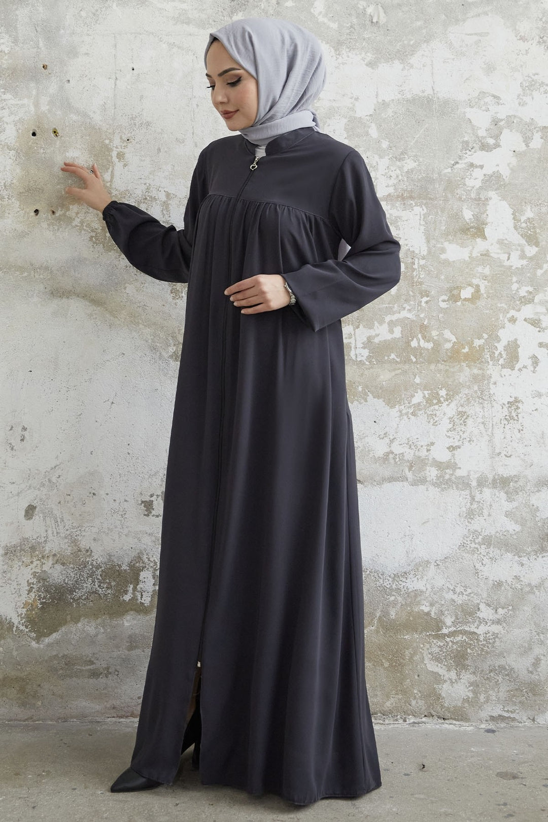 MDS Women Pleated Medina Silk Abaya - Anthracite - Caen
