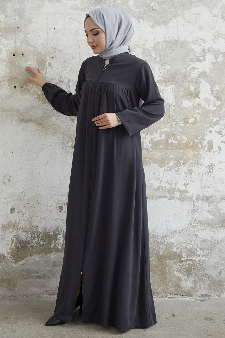 MDS Women Pleated Medina Silk Abaya - Anthracite - Caen