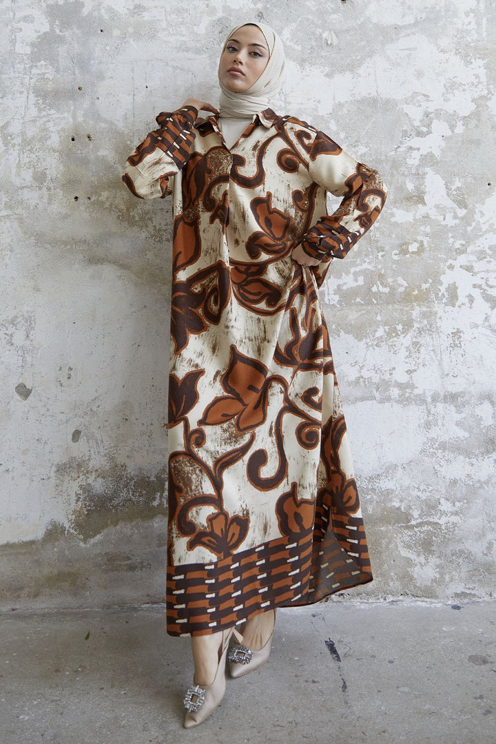 MDS Women Shirt Collar Patterned Viscose Dress - Brown - Castelldefels