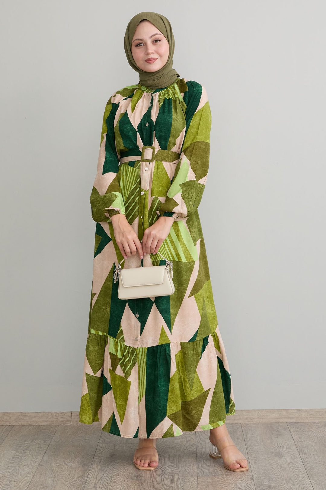 MDS Women Geometric Patterned Belted Khaki Viscose Dress - Palenque