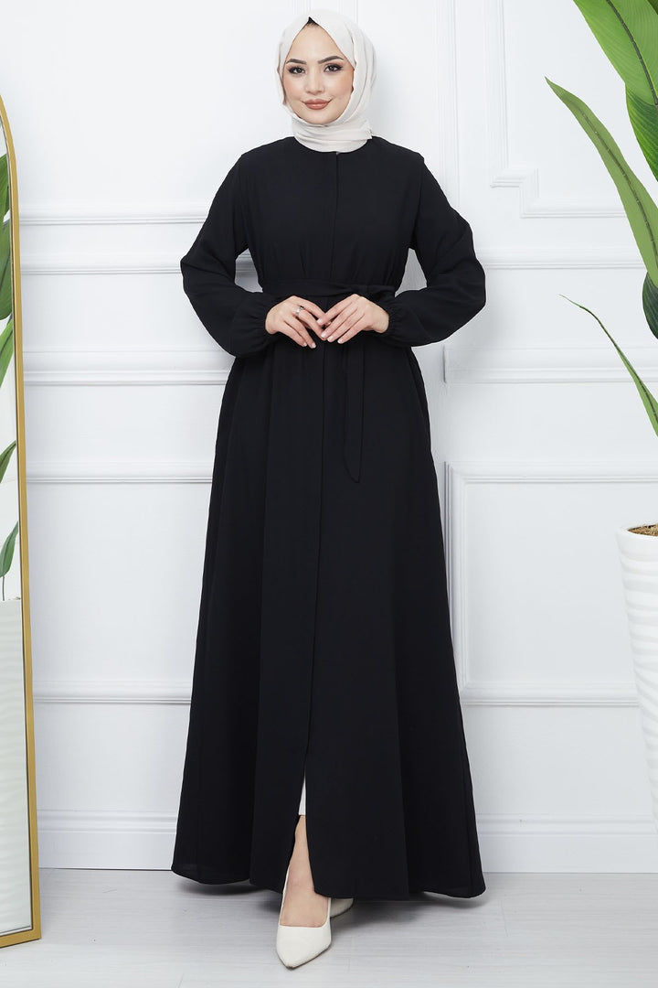 MDS Women Belted Honeycomb Fabric Abaya - Black - Huauchinango