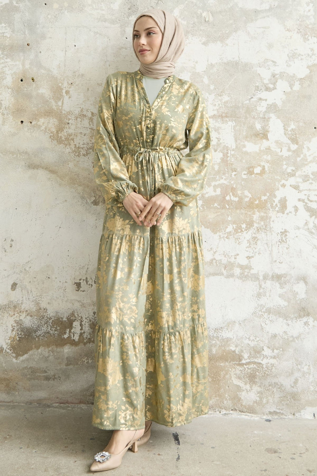 MDS Women Leaf Pattern Dress with Gold Leaf - Mint - La Rochelle