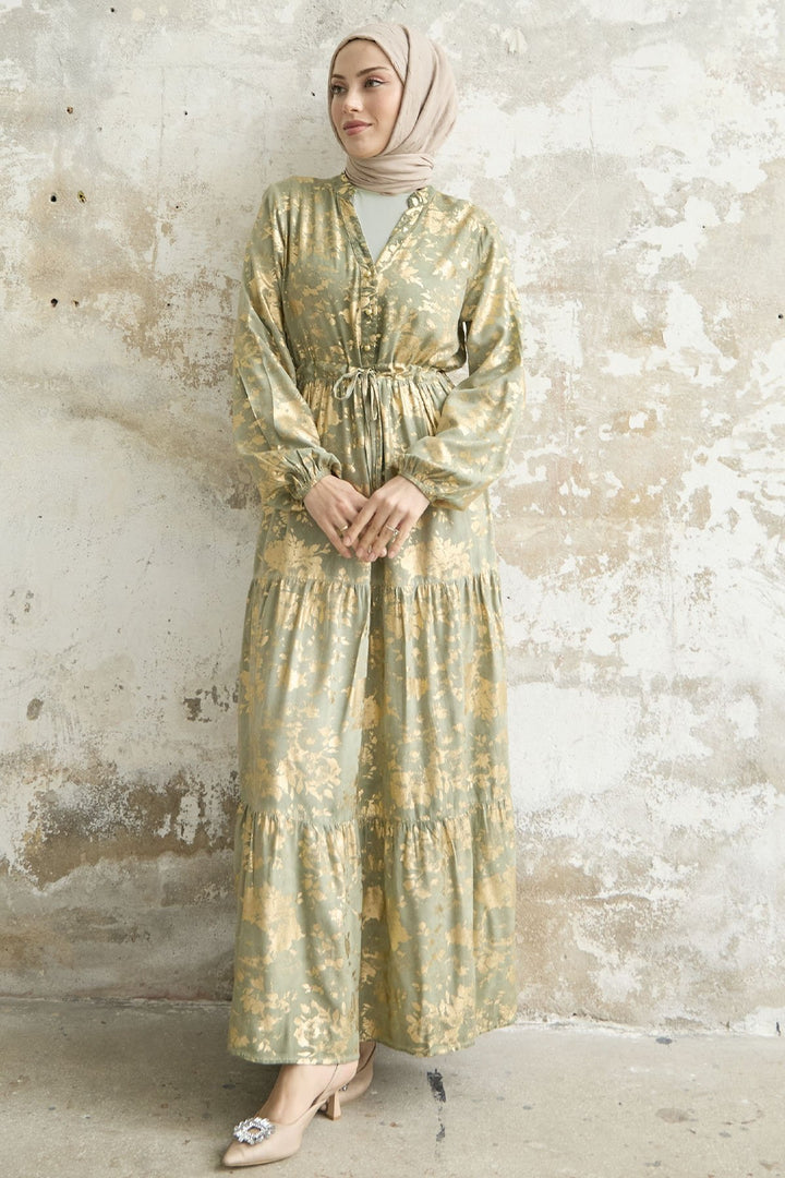 MDS Women Leaf Pattern Dress with Gold Leaf - Mint - La Rochelle