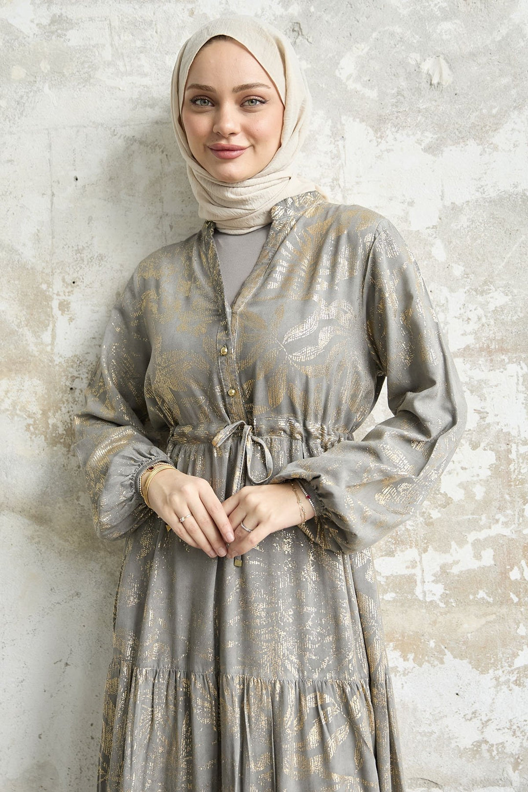 MDS Women Gold Flower Leaf Dress - Gray - Guildford