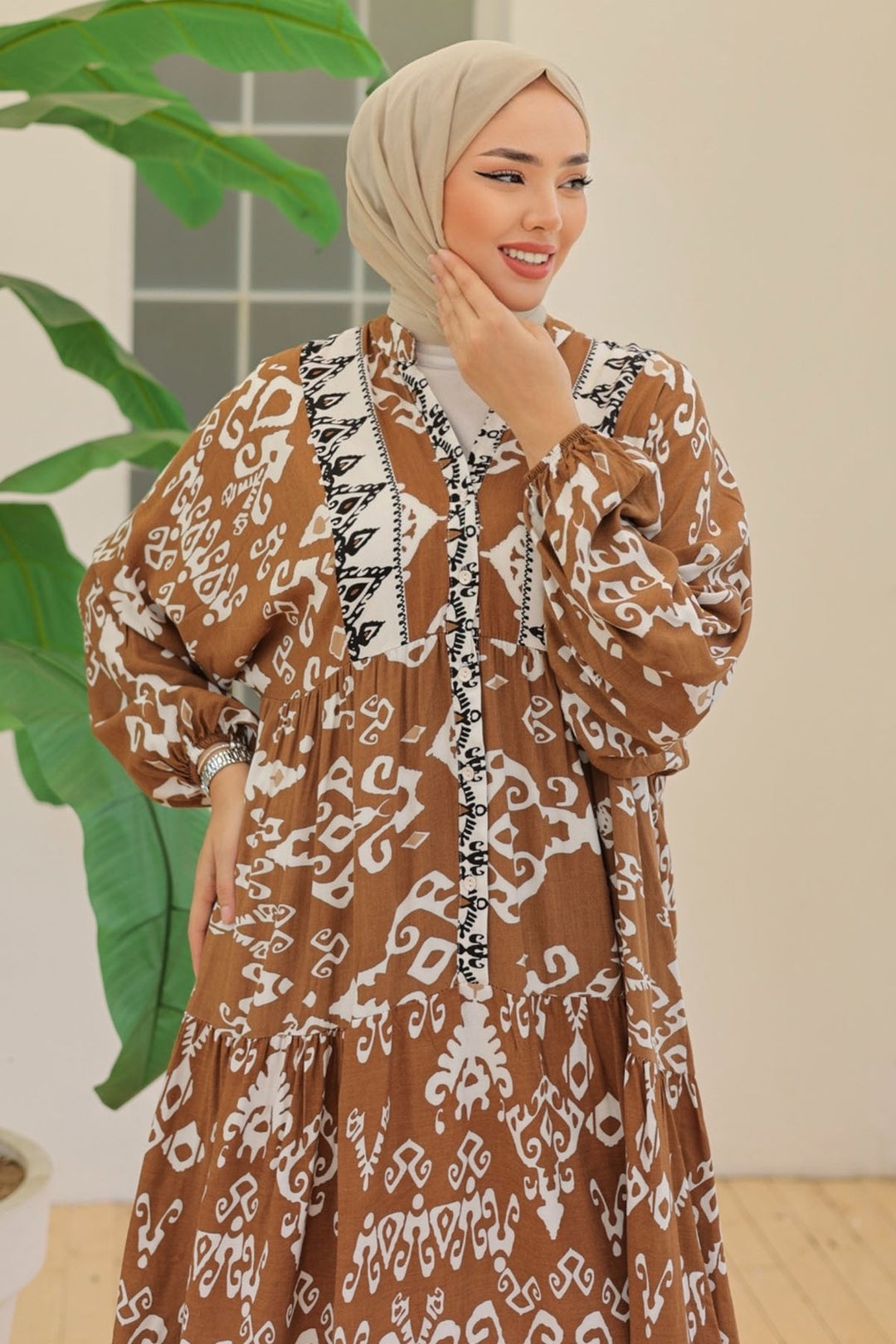 MDS Women Buttoned Loose Patterned Brown Viscose Dress - Marino