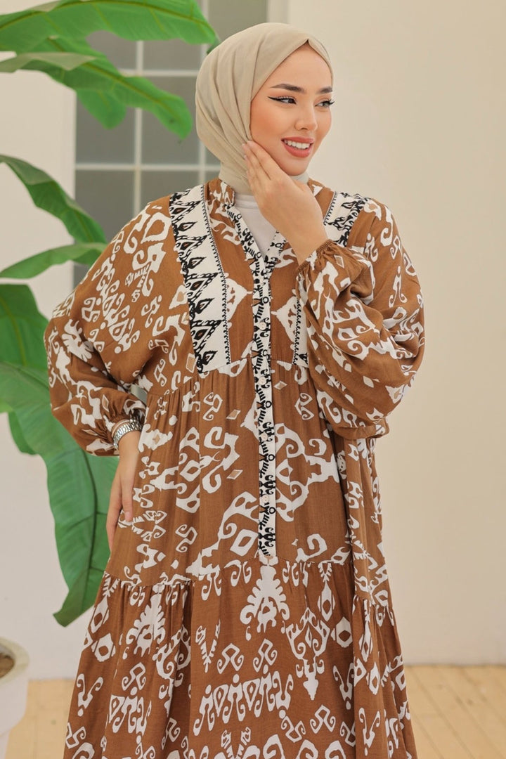 MDS Women Buttoned Loose Patterned Brown Viscose Dress - Marino
