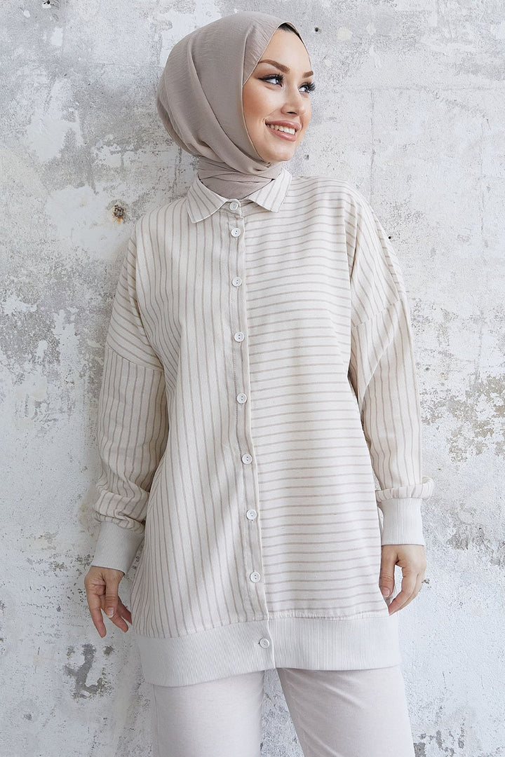 MDS Women Linen Stripe Pattern Shirt Set - Beige - Abrantes
