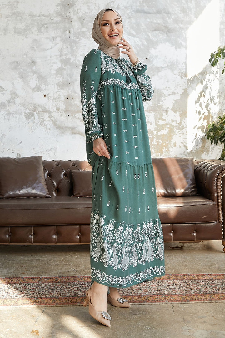 MDS Women Selva Front Tasseled Patterned Viscose Dress - Mint - Langen