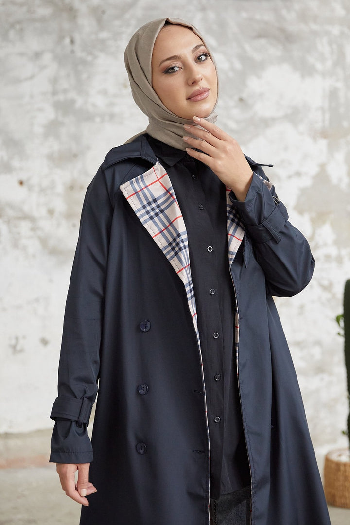 MDS Women Eleta Double-Breasted Checkered Trench Coat - Navy - Weymouth