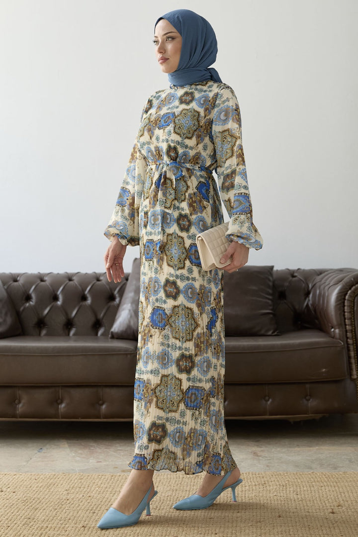 MDS Women Pleated Shawl Pattern Chiffon Dress - Blue - Rincón de Romos