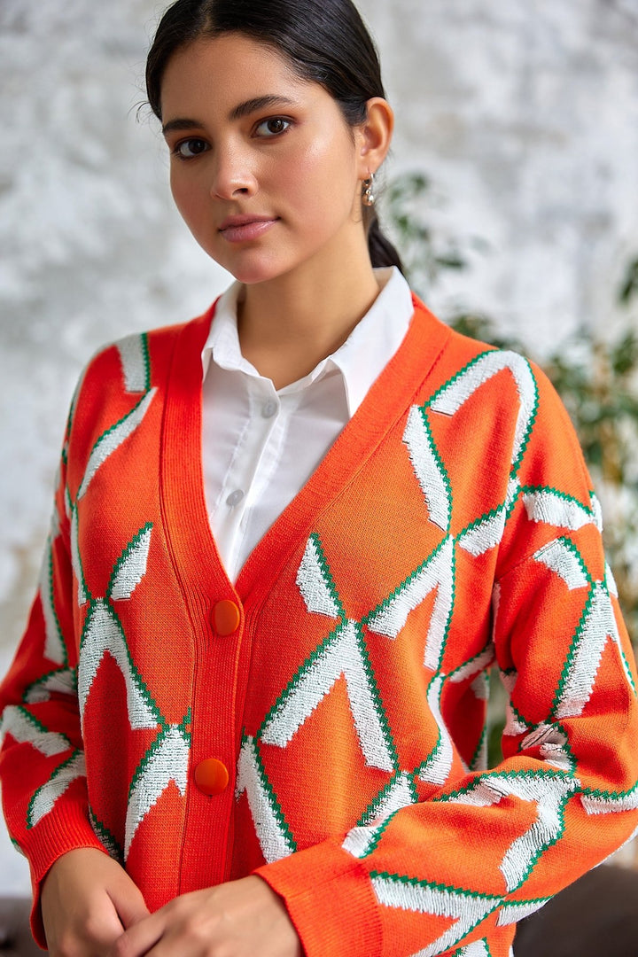 MDS Women V Patterned Loose Knit Cardigan - Orange - Portsmouth