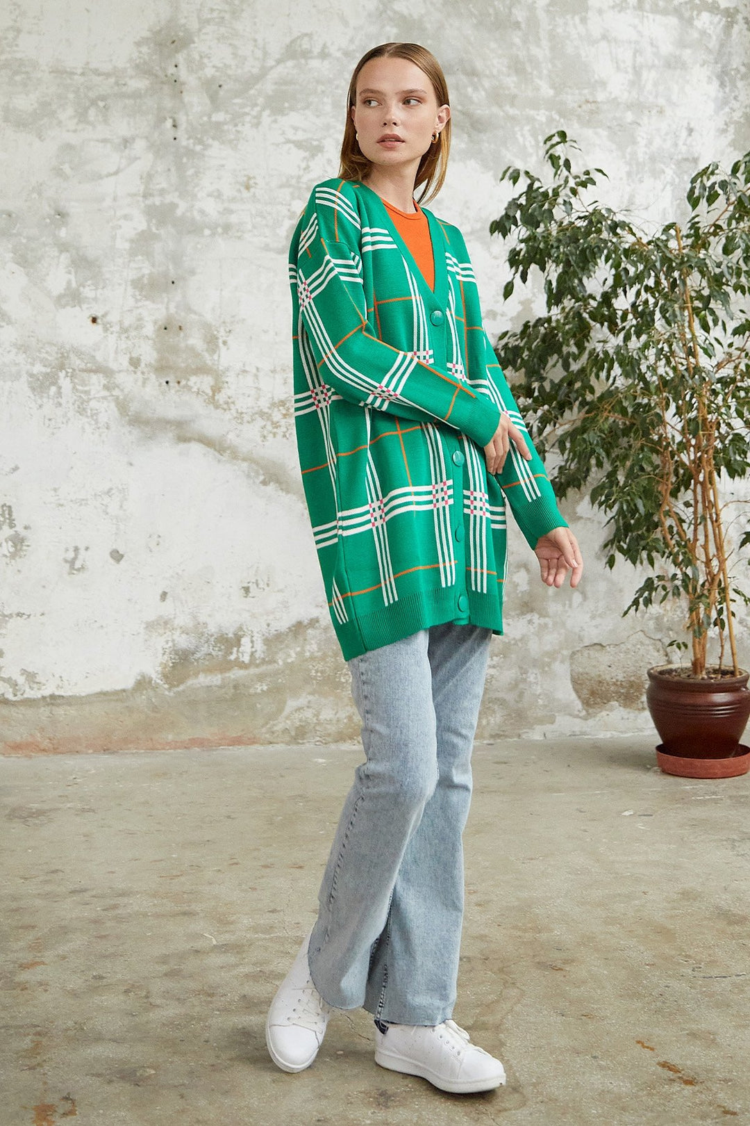MDS Women Meri Plaid Patterned Cardigan - Green - Sioux City
