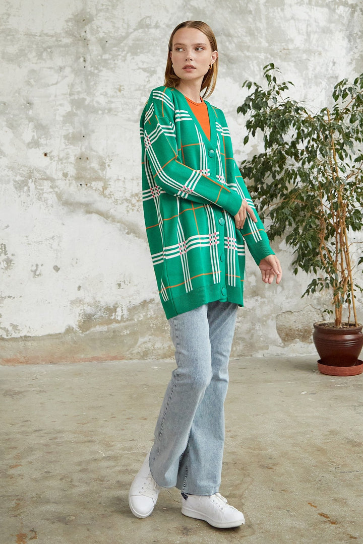 MDS Women Meri Plaid Patterned Cardigan - Green - Sioux City