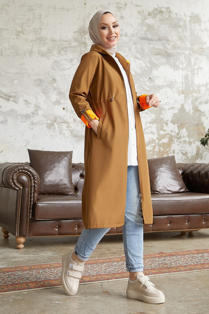 MDS Women Waist Ruffled Hooded Neon Trench Coat - Brown \ Orange - Columbia
