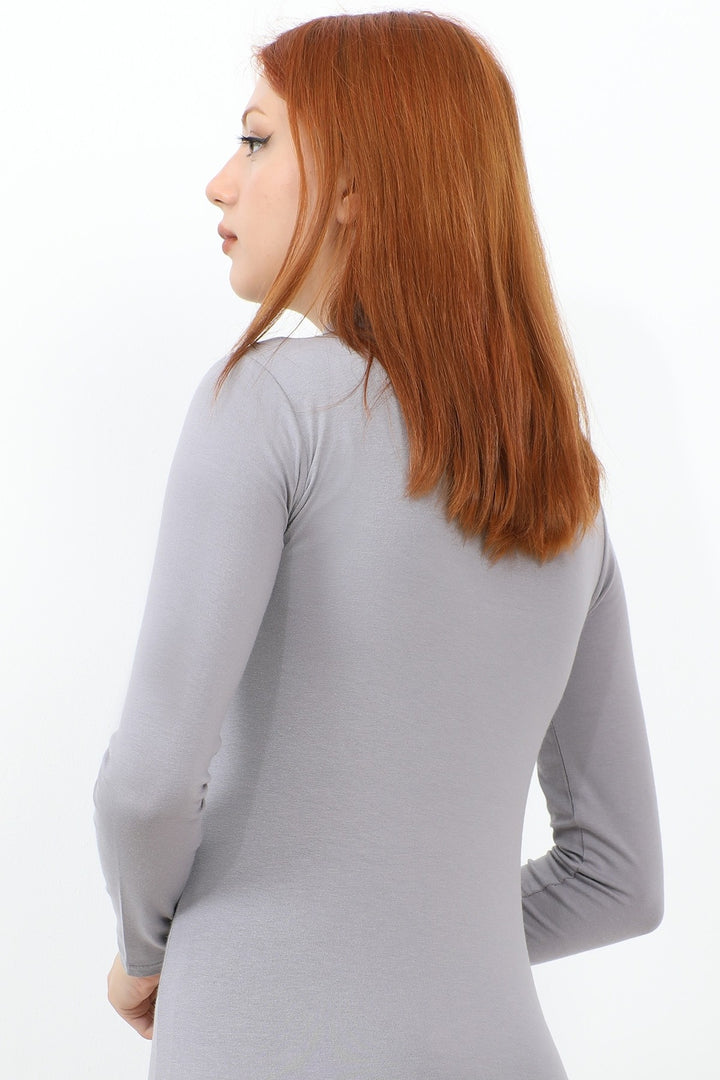 MDS Women Long Sleeve Fisherman Collar Basic Bodysuit - Grey - Wentzville