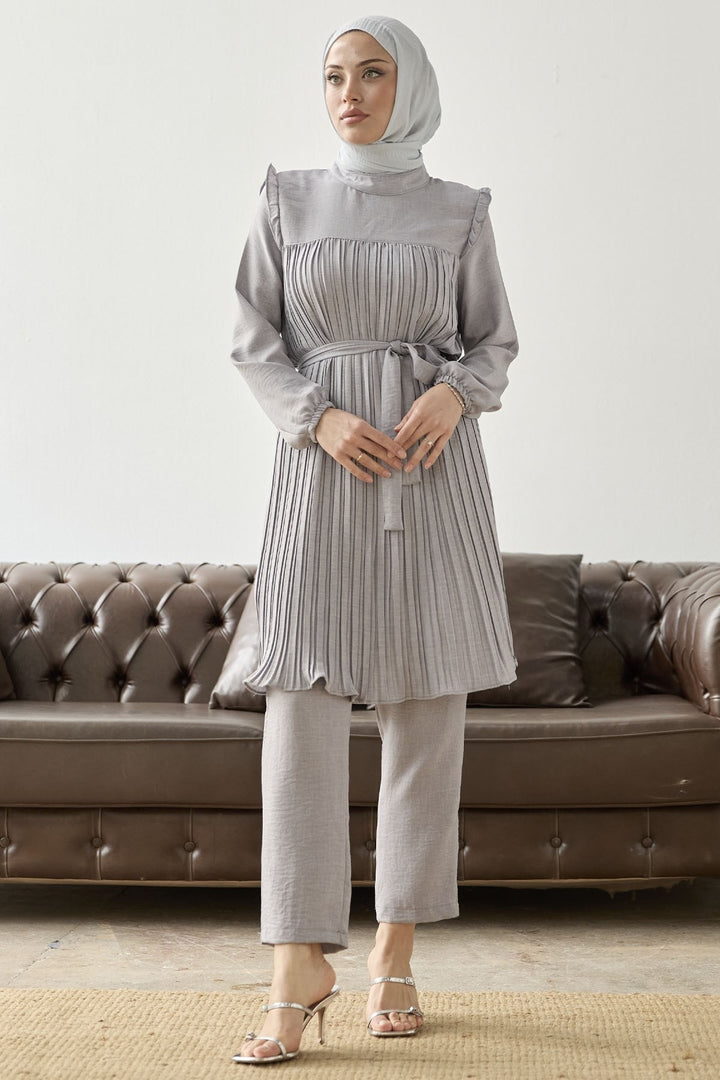 MDS Women Front Ruffled Frill Detail Set - Gray - Sagunto
