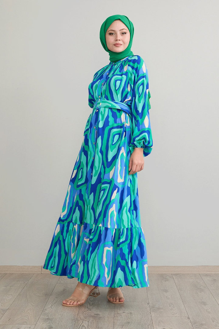 MDS Women Green Viscose Dress with Oval Striped Belt - Rochester Hills
