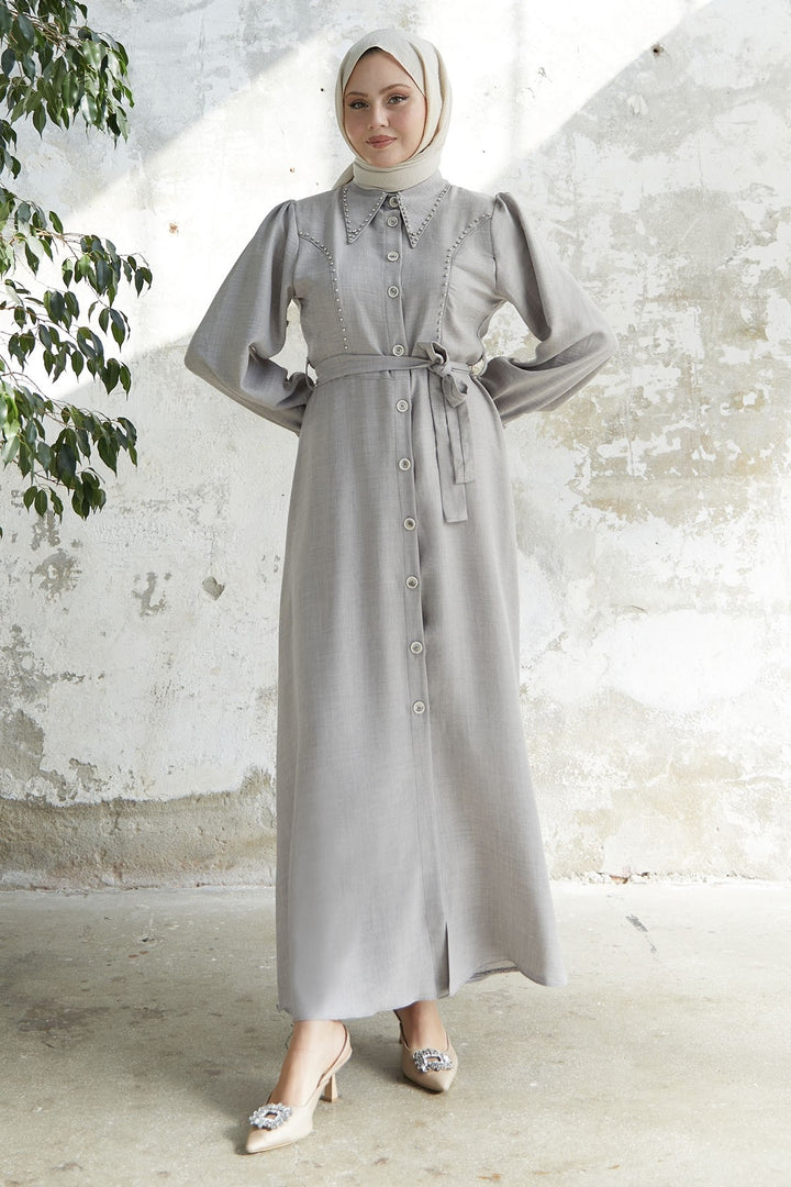 MDS Women Beaded Buttoned Linen Dress - Gray - Townsville