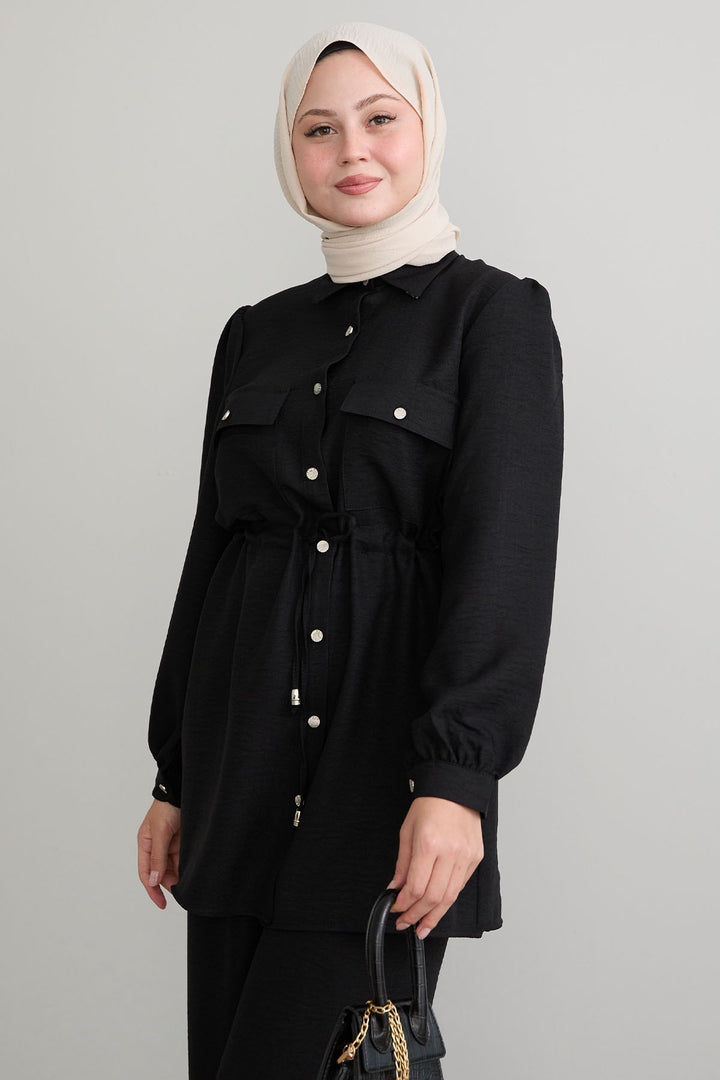 MDS Women Tunnel Arched Black Linen Suit - Beauvais