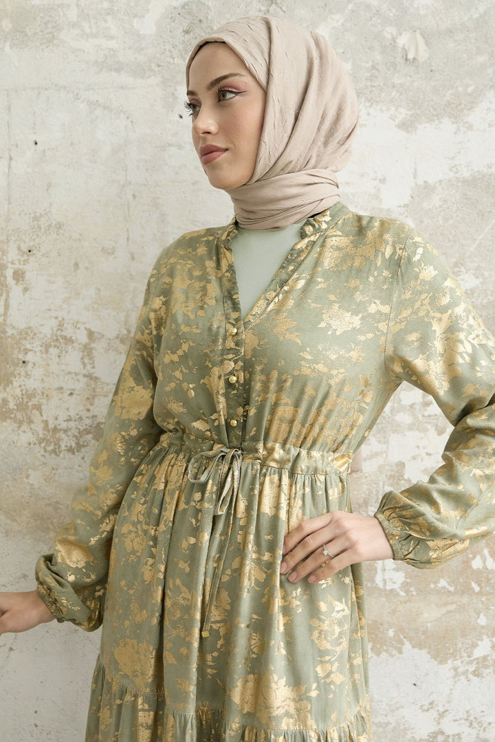 MDS Women Leaf Pattern Dress with Gold Leaf - Mint - La Rochelle