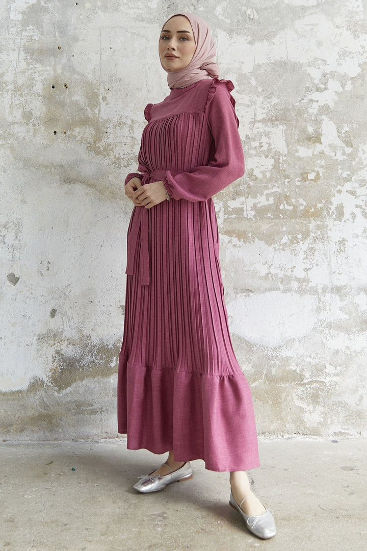 MDS Women Ruffle Trim Linen Dress with Puff Sleeves - Fuchsia - Irvine