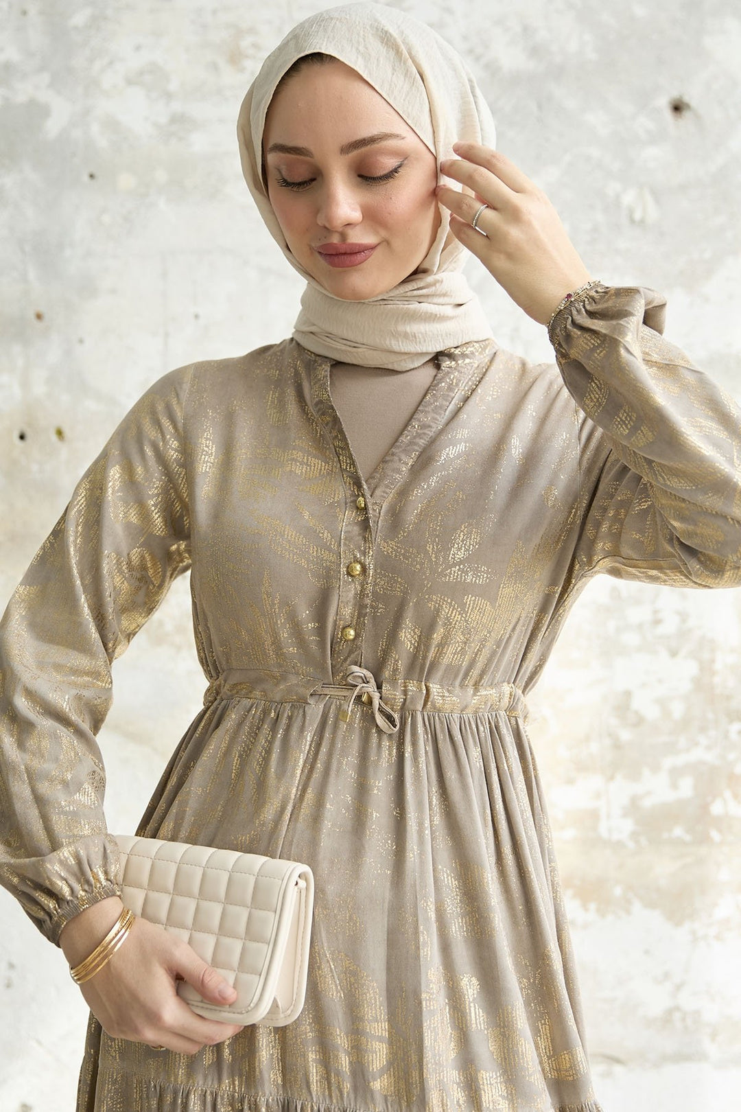 MDS Women Gold Flower Leaf Dress - Mink - Randolph