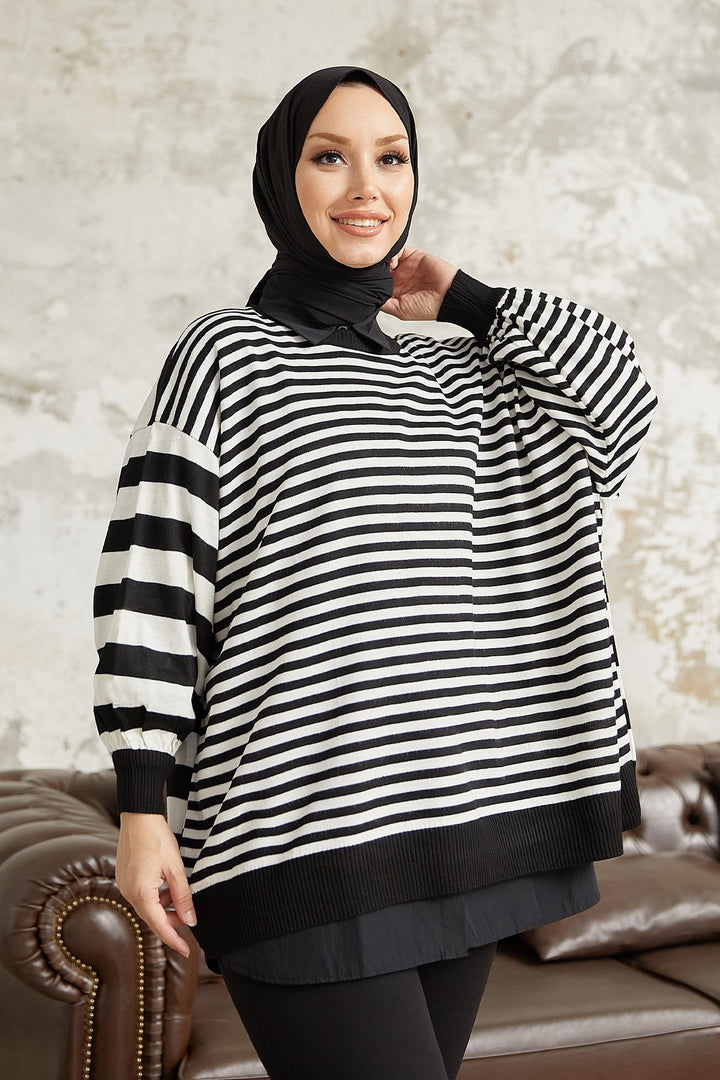 MDS Women Fruit Striped Balloon Sleeve Knit Tunic - Black - Andújar