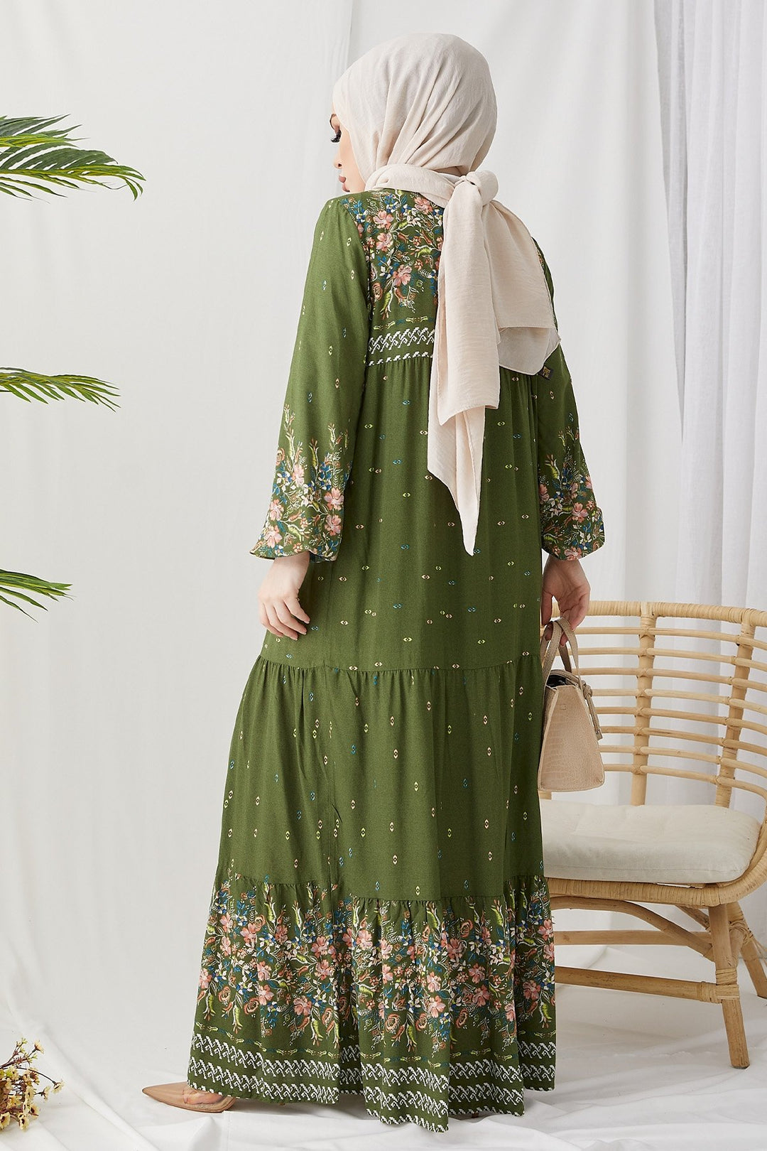 MDS Women Flowy Dress with Watery Pattern - Khaki - Valenciennes