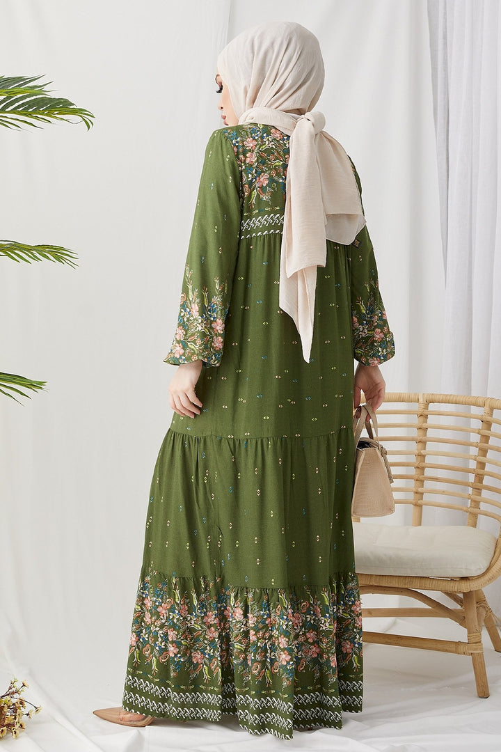MDS Women Flowy Dress with Watery Pattern - Khaki - Valenciennes