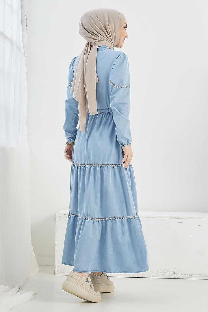 MDS Women Kayla Lace Detail Denim Dress - Light Blue - Mitcham