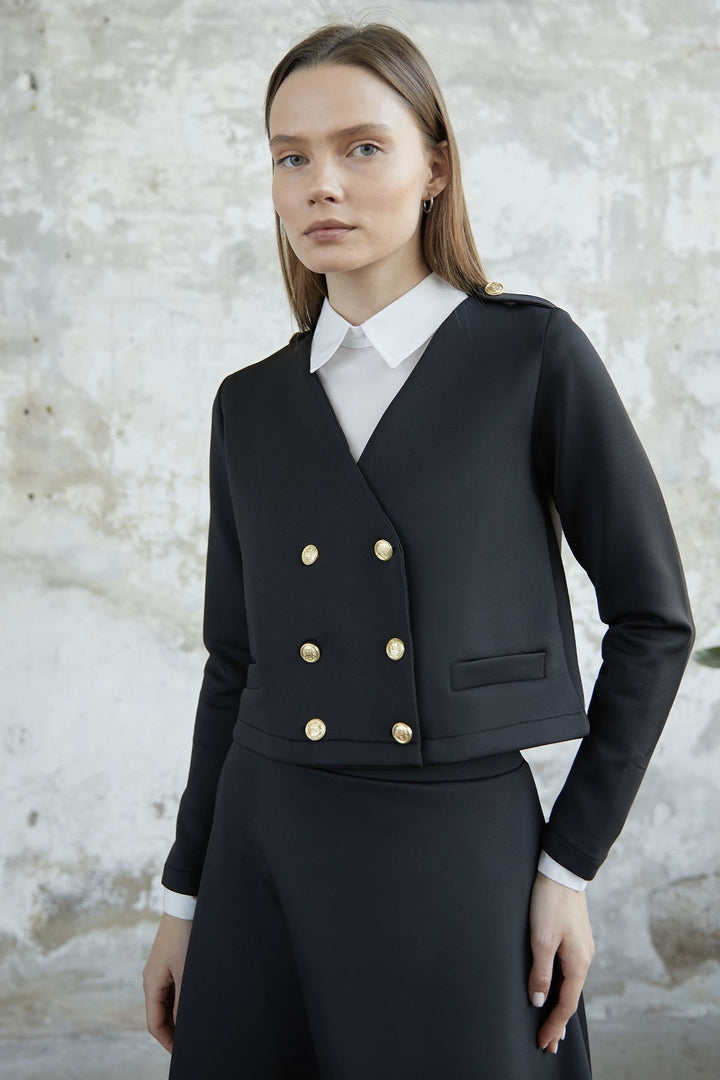 MDS Women Skirted Buttoned Jacket Scuba Suit - Black - Oxford