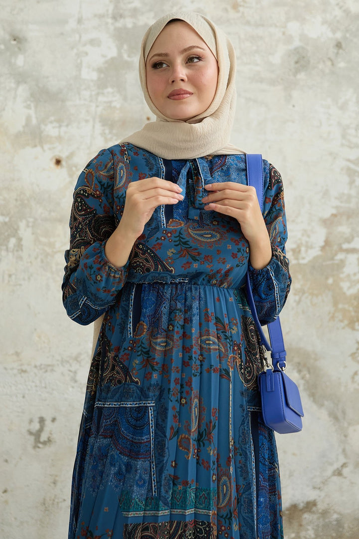 MDS Women Viera Shawl Patterned Collar Belted Chiffon Dress - Blue - Allentown