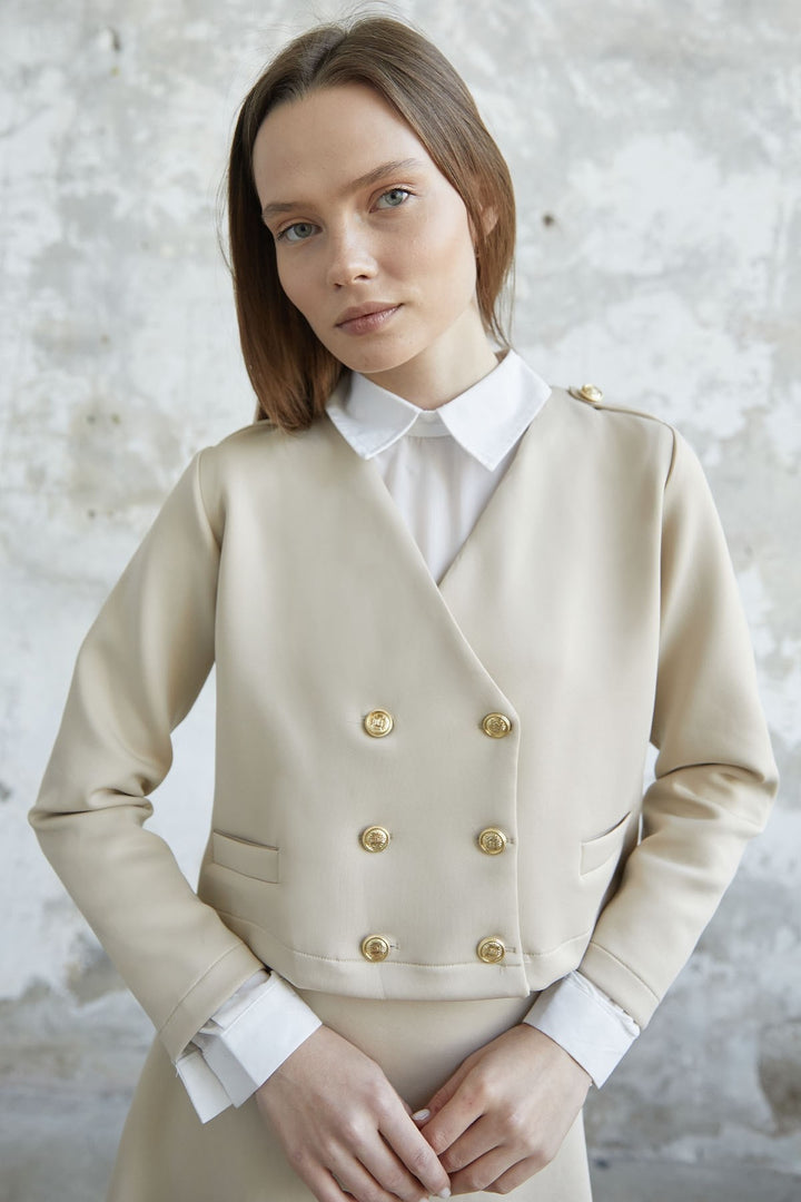 MDS Women Skirted Buttoned Jacket Scuba Suit - Stone - Dessau-Rosslau