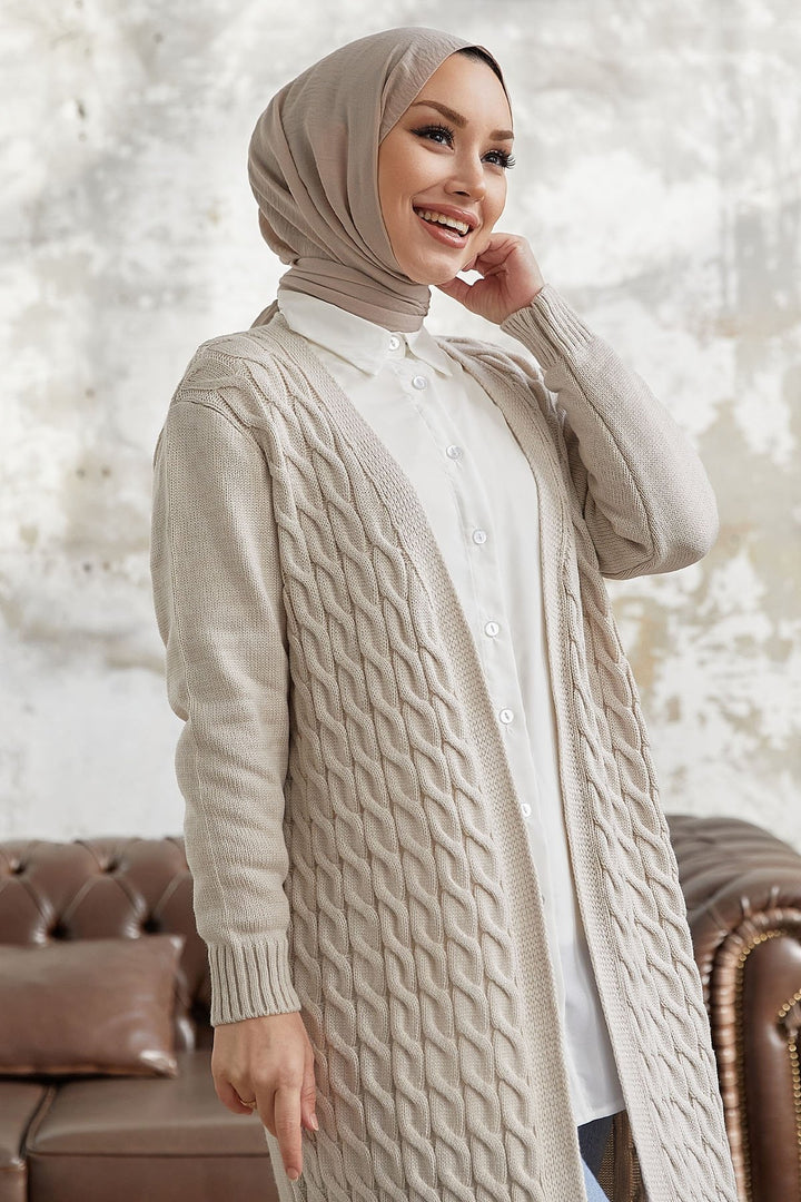 MDS Women Jolie Knitted Patterned Long Cardigan - Beige - Bury