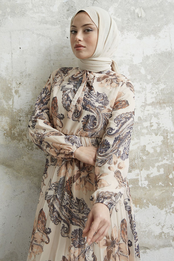 MDS Women Serena Flower Patterned Pleated Chiffon Dress - Ecru - Somerville