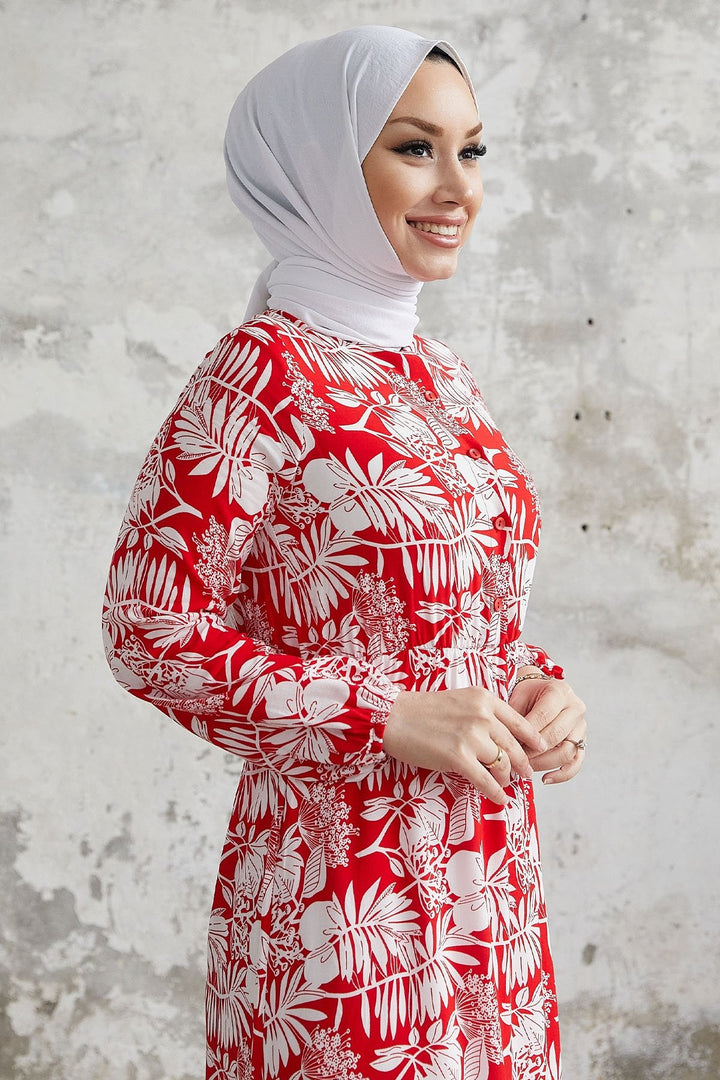 MDS Women Fale Complex Leaf Patterned Viscose Dress - Red - Ensenada