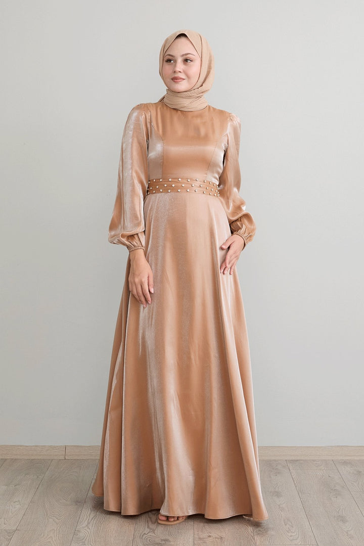 MDS Women Stone Belted Sparkly Brown Satin Dress - Culiacán