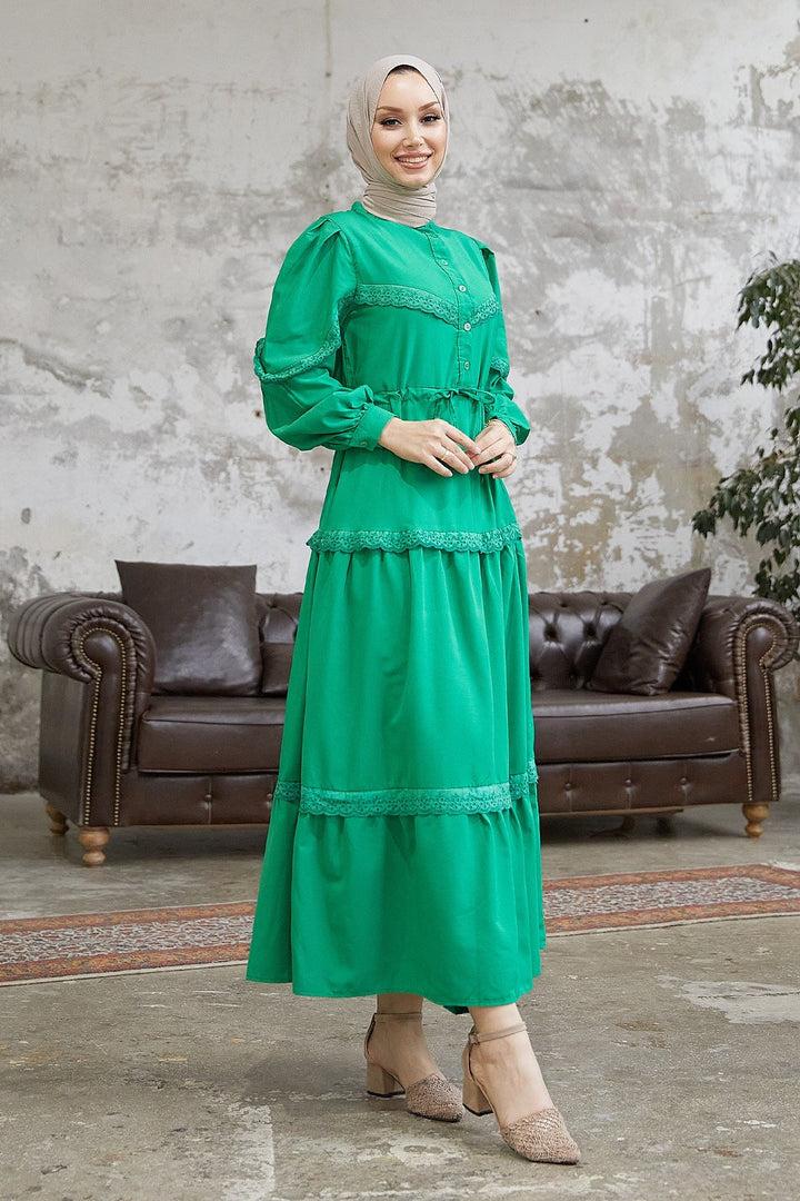 MDS Women Guipure Detail Balloon Sleeve Dress - Green - Chaïdári
