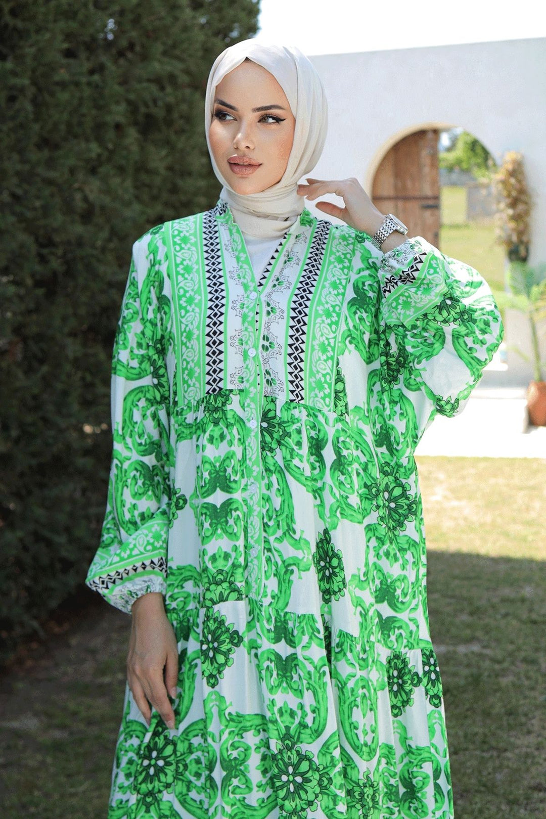 MDS Women Marbled Loose Green Viscose Dress - Maddaloni
