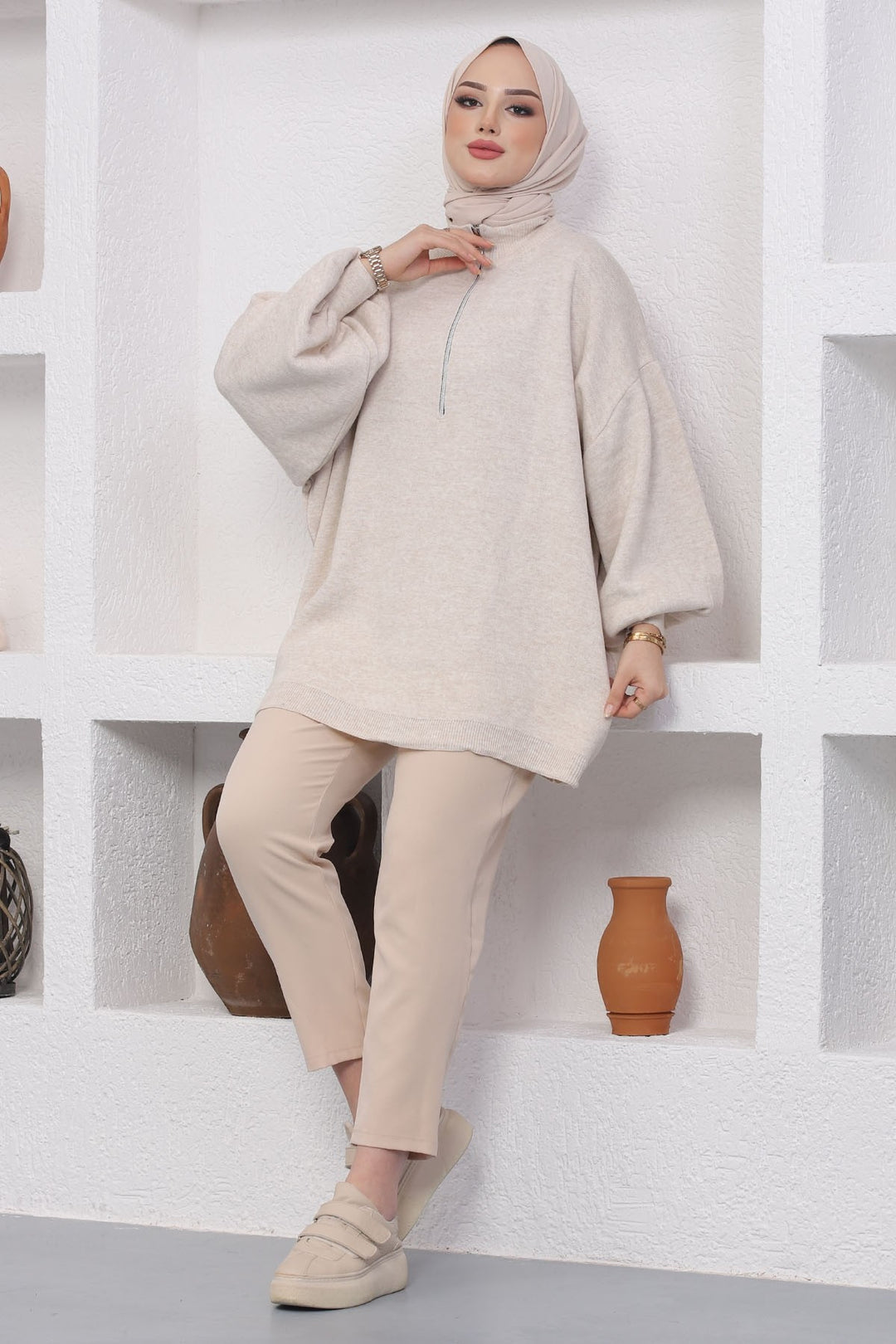 MDS Women Sara Zippered Knit Tunic - Ecru - Macuspana