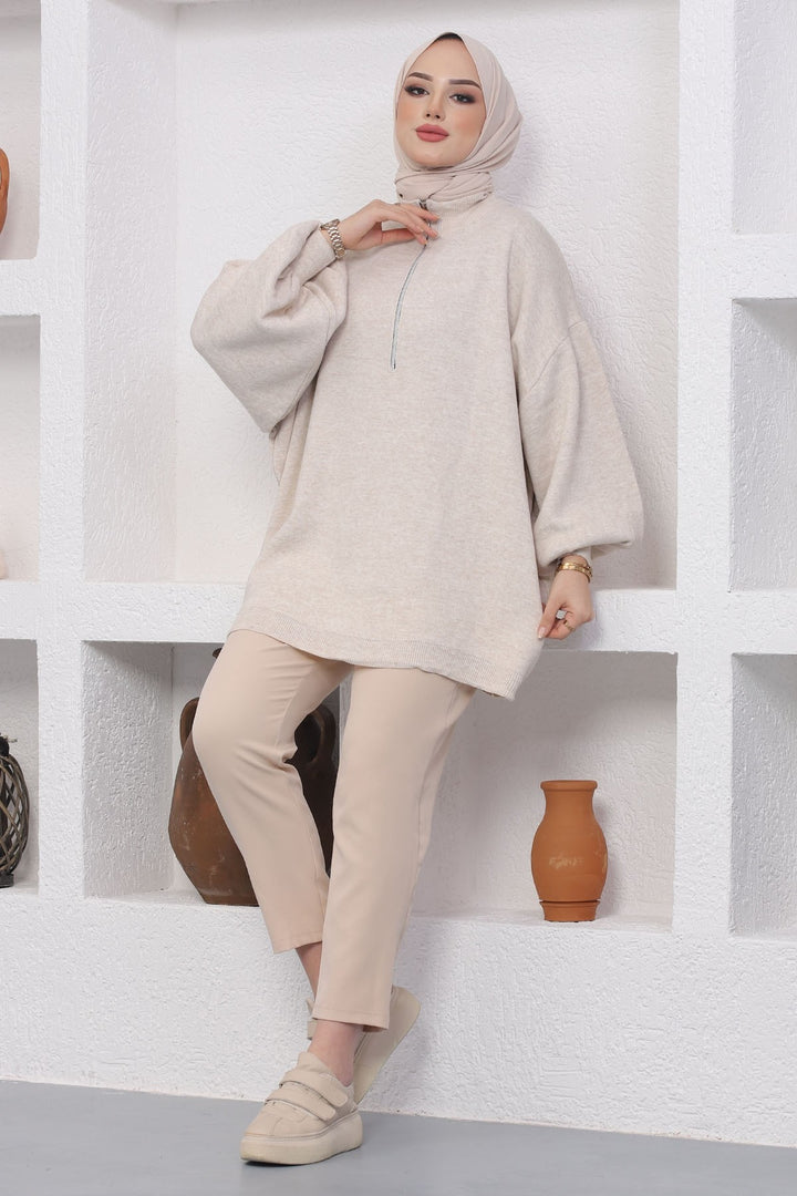 MDS Women Sara Zippered Knit Tunic - Ecru - Macuspana