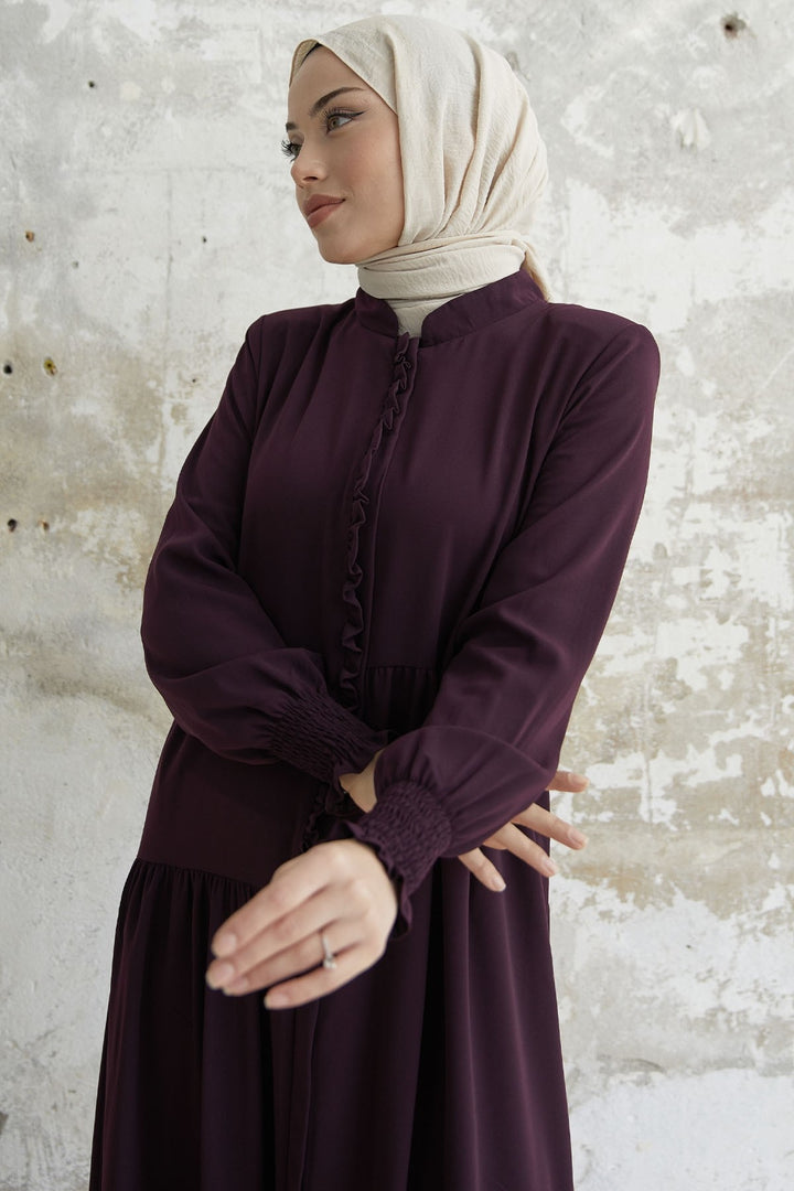 MDS Women Frill Flounce Asymmetric Cut Abaya - Purple - Amarante