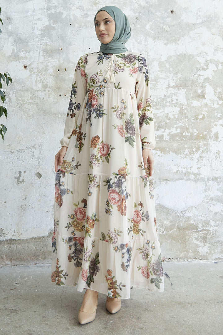 MDS Women Lace-Up Floral Chiffon Dress - Cream - Nelson