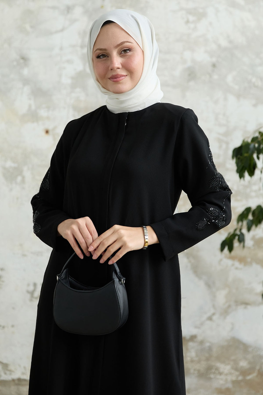 MDS Women Black Abaya with Leaf Pearl Sleeves - Oakland