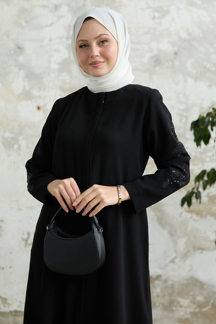 MDS Women Black Abaya with Leaf Pearl Sleeves - Oakland