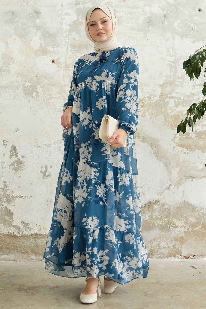 MDS Women Blue Chiffon Dress with Leaf Pattern and Frills at the Front - Burien
